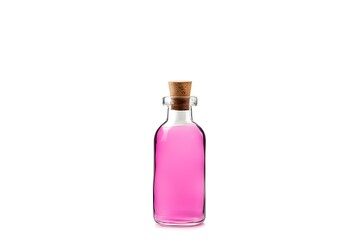 Glass bottle with pink liquid on a white background