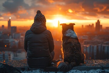 Person and dog sitting together watching a city sunset..Lifestyle content, companionship themes,...