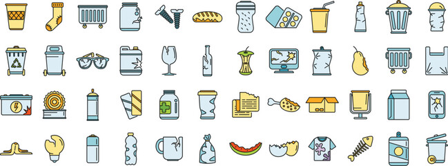 Waste icons set outline vector. Garbage food. Fresh plastic thin line color flat isolated - 766889961