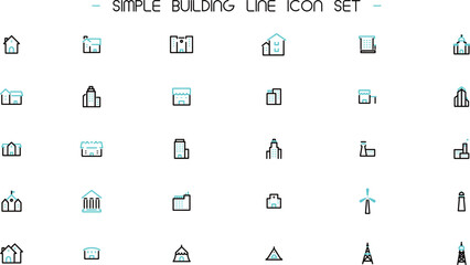 建物をモチーフにしたシンプルなラインアイコンセット（青）　Simple building line icon set (blue) - obrazy, fototapety, plakaty