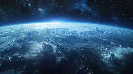 Fototapeta premium Beautiful scene looking down at the Earth from space, blue technological earth against the background of the universe