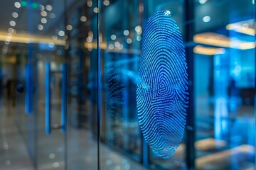Fingerprint at the entrance to the office glass door, fingerscan with access control on the glass...