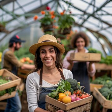 Woman holding vegetable basket in sunny greenhouse. A woman standing confidently with a basket full of colorful vegetables in a greenhouse with colleagues in the background