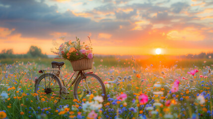 A bicycle with a basket of flowers is parked in a field of flowers during sunset.