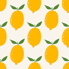 Yellow lemon seamless pattern. Hand drawn lemon fruits on white background. Minimal simple design. Summer vector illustration.