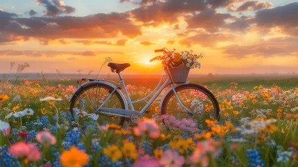 Papier Peint photo Lavable Vélo A bicycle with a basket of flowers is parked in a field of flowers during sunset.