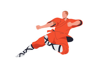 Fototapeta na wymiar Wushu fighter. Chinese kung-fu, traditional martial art. Asian wrestler kicking in fight pose, attacking stance, action position, posture. Flat vector illustration isolated on white background