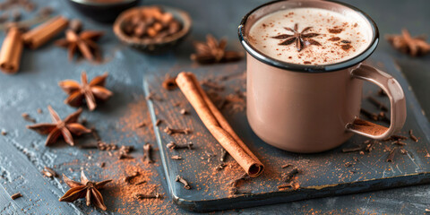 Aromatic Spiced Cocoa in Enamel Mug. An enamel mug of spiced cocoa topped with cinnamon, accompanied by star anise and cocoa shavings on a dark board.
