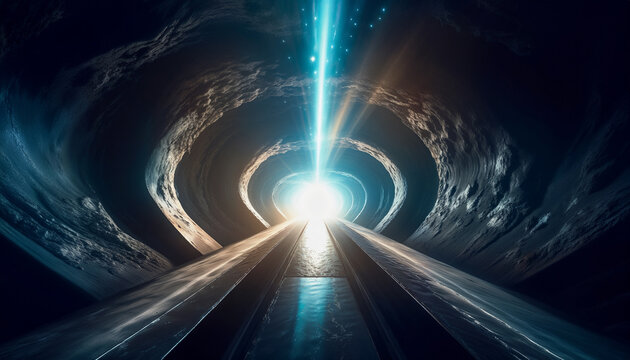 Un tunnel sombre, lumière vive au bout du tunnel, trainées lumineuses de couleurs vives, science fiction