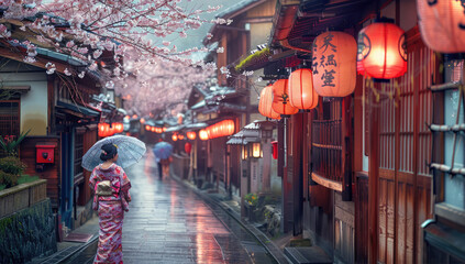 A beautiful Japanese woman in kimono, walking under cherry blossom trees along an old street with...