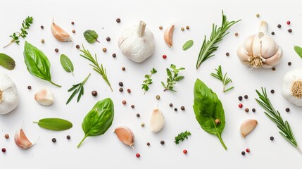 Atop a white background are garlic and herbs, isolated on a white background - obrazy, fototapety, plakaty