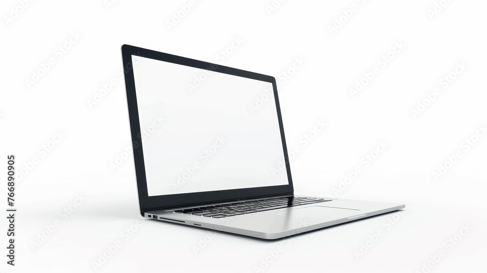 Poster on a white background, a hovering aluminium laptop with blank screen and new design is shown.