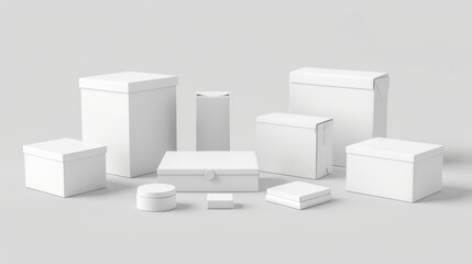 Embossed white box mockup. Three-dimensional modern illustration set with blank packaging boxes, cube perspective views, and cosmetics product packages.
