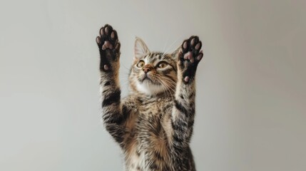Portrait of a tabby cat against a white background standing on its hind legs with its paws up