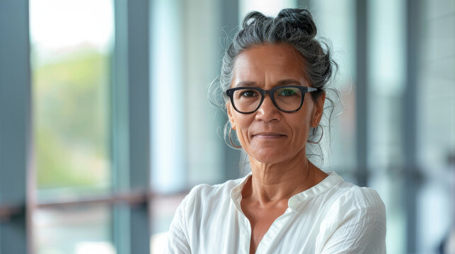 Beautiful 45 years old gentle aboriginal Australian woman, wearing glasses, formal slick hairstyle, smooth face in a modern office building, wearing white shirt, beside a huge window