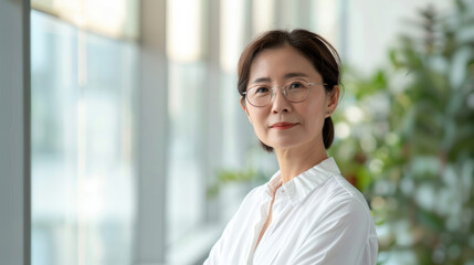 Beautiful 45 years old gentle Chinese Han woman, wearing glasses, formal slick hairstyle, smooth face in a modern office building, wearing white shirt, beside a huge window