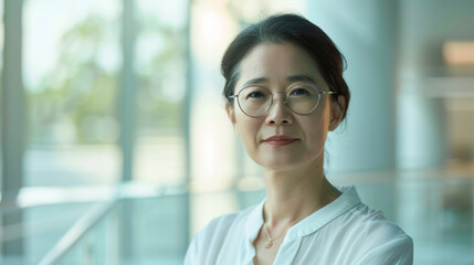 Beautiful 45 years old gentle Chinese Han woman, wearing glasses, formal slick hairstyle, smooth face in a modern office building, wearing white shirt, beside a huge window