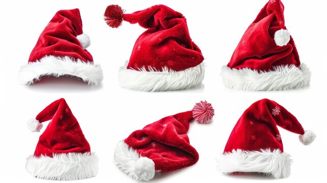 An isolated set of red Santa Claus hats on a white background