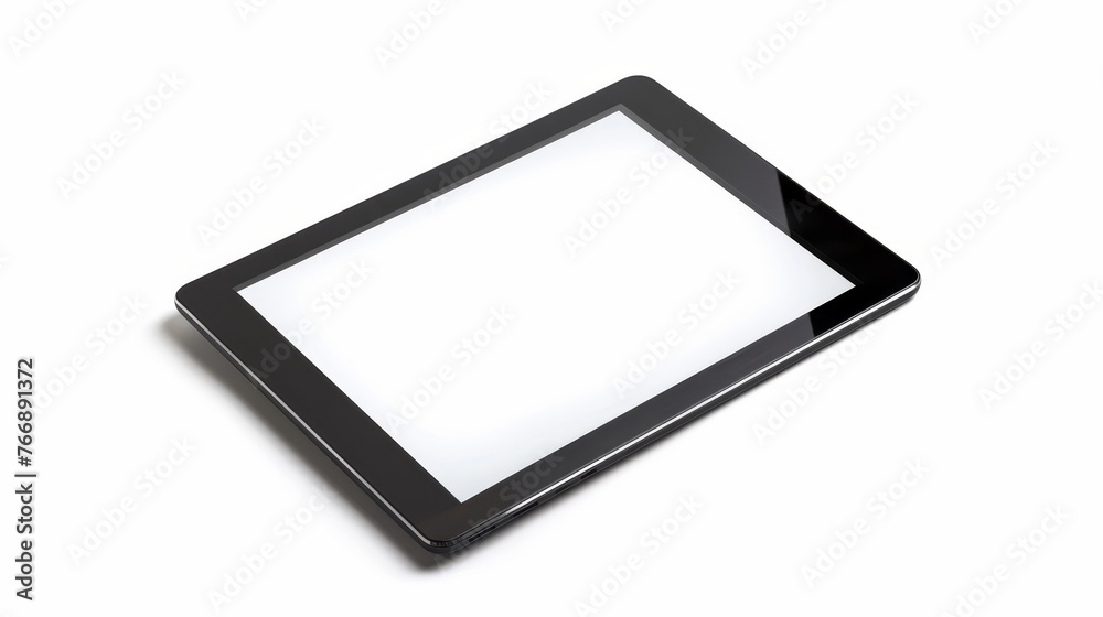 Poster Studio shot of a black tablet computer with a blank white screen isolated on a white background, mockup of a digital portable information device based on technology