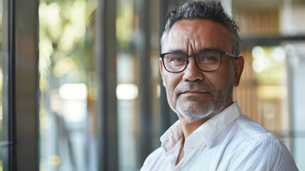 Handsome 45 years old gentle aboriginal Australian man, wearing glasses, formal slick hairstyle,...