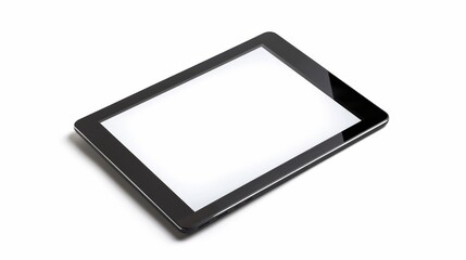 Studio shot of a black tablet computer with a blank white screen isolated on a white background, mockup of a digital portable information device based on technology