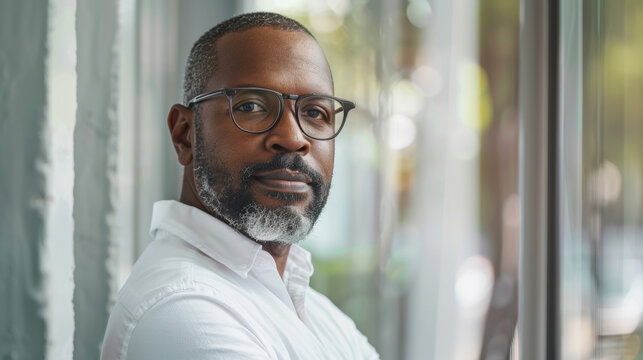 Handsome 45 years old gentle black African American man, wearing glasses, formal slick hairstyle, smooth face in a modern office building, wearing white shirt, beside a huge window
