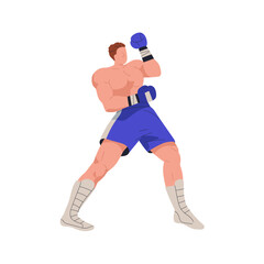 Boxer fighter. Professional box athlete in defending pose, stance. Man, boxing wrestler in gloves and shorts standing in position, action. Flat vector illustration isolated on white background