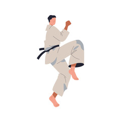 Karate-do fighter in wrestling pose. Japan wrestler in fight action, kicking with leg, foot. Professional Japanese athlete in defending stance. Flat vector illustration isolated on white background - 766891566