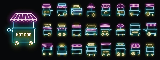 Hot dog cart icons set outline vector. Business food. Cafe carnival neon color on black