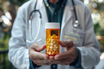 Physician holding medication bottle with focused attention. - obrazy, fototapety, plakaty