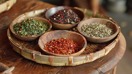 Dehydrated Thai botanicals and seasonings arranged on a bamboo platter.