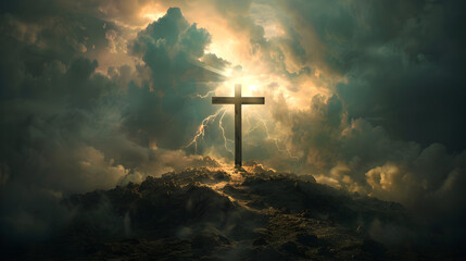 Holy cross symbolizing the death and resurrection of Jesus Christ, shrouded in light and clouds. - 766891751