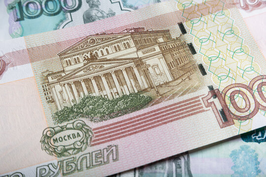 Bolshoi Theater close-up on one hundred Russian ruble banknote