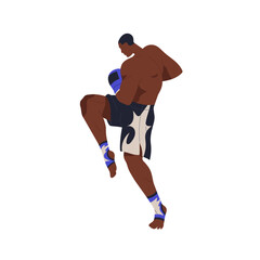 Muay thai fighter in fight pose. Tai boxing, professional athlete, black man in attacking stance, posture. African-American wrestler. Flat graphic vector illustration isolated on white background