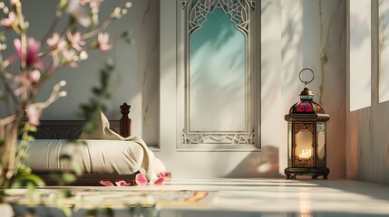 An elegant minimalist setting featuring "Ramadan Mubarak" text and a colorful lantern against a serene backdrop.