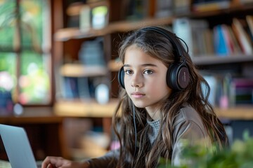 A Latina adolescent wearing headphones is participating in a virtual class or video call with a remote instructor for distance learning.