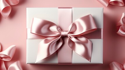 A luxurious gift box adorned with a satin ribbon, complemented by delicate pink roses and festive ornaments, perfect for a special occasion.