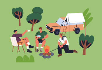 Friends camping. Campers at fire, relaxing at bonfire in nature. Men tourists sitting at campfire outdoors, talking, resting at campsite on summer holiday, vacation. Flat vector illustration - obrazy, fototapety, plakaty