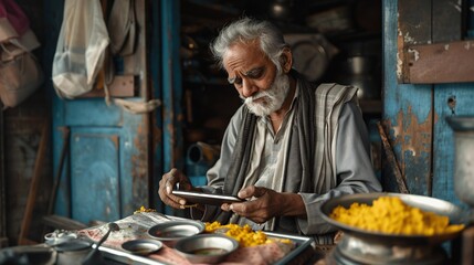 An Indian male multitasking with a tablet while enjoying breakfast.