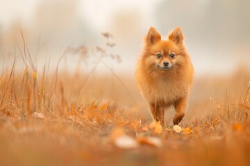 Pomeranian dog on a misty road, Generated AI.