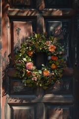 Fototapeta na wymiar Floral wreath on a weathered wooden door, Generated AI.