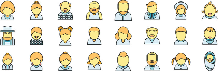 Generation icons set outline vector. Family people. Adult age thin line color flat isolated