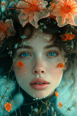 Woman's face with blue eyes and orange flowers, Generated AI.