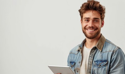 Attractive smiling man working on a tablet on a white background, Generative AI