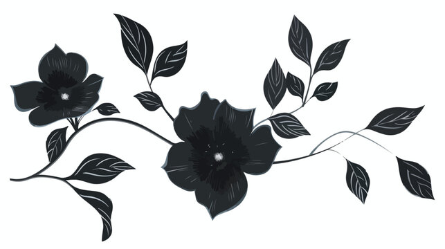 Illustration of black flower with vine leaves flat vector