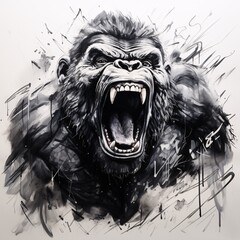 A street art graffiti mural of a powerful gorilla pounding its chest against a white backdrop