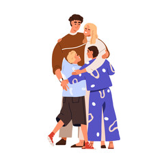 Family hugging. Happy mom, dad and kids embracing together. Mother, father and children. Parents with siblings. Bonding relationship. Flat graphic vector illustration isolated on white background