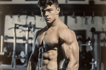 Fototapeta na wymiar Vintage Gym Portrait of Focused Muscular Man