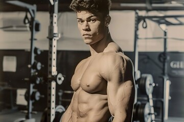 Fototapeta na wymiar Imposing Muscular Man in Monochrome Gym