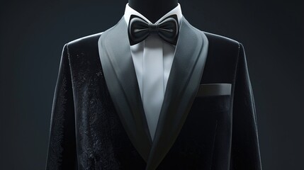 A UHD close-up of a modern twist on the classic tuxedo, featuring a black velvet dinner jacket...